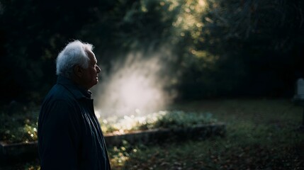 Solemn elderly man in profile contemplating in a misty graveyard with dramatic late afternoon light