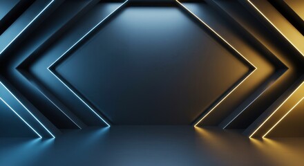 Abstract geometric shapes with blue and yellow light on a dark reflective surface.