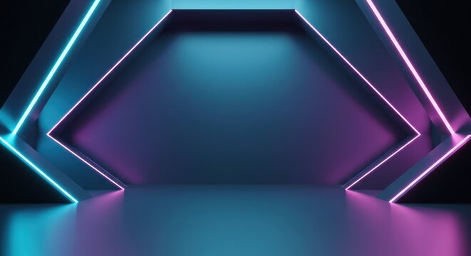 Abstract geometric shape with neon blue and purple lights on a dark background. - Powered by Adobe