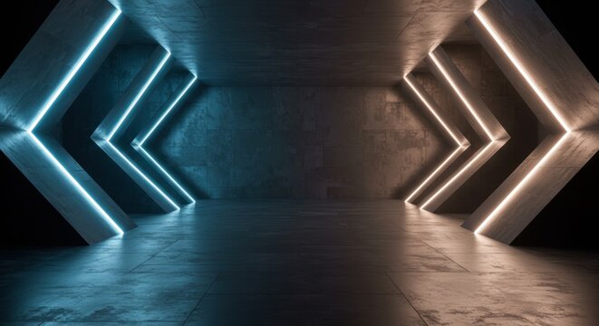 Abstract interior with neon lights forming arrow shapes on concrete walls and floor.