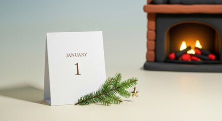 Cozy new year scene with january calendar, fireplace, and pine branch
