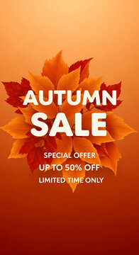 Autumn sale banner with orange and red leaves, announcing a special offer up to 50% off for a limited time showcasing fall season discounts