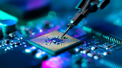 Close-up of a microchip being manipulated with precision tools on a circuit board under colorful lighting