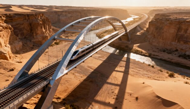 Modern High-Speed Train on Majestic Arch Bridge in Golden Desert Canyon Illuminating Ancient Landscape at Sunset - Powered by Adobe