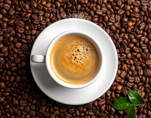 Espresso in a white cup surrounded by coffee beans