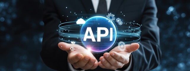 API Innovation: A business professional in a tailored suit, delicately cradling a glowing digital sphere emblazoned with API, symbolizing cutting-edge technology and technological advancements.