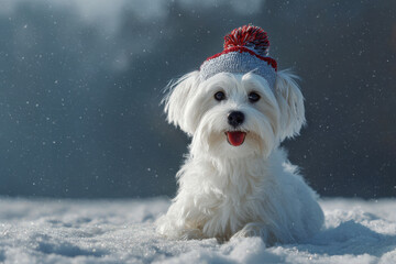 cheerful dog wearing christmas hat adorned with holographic bow nestled in snowy landscape