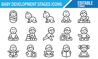 Collection of editable stroke icons showing baby growth and development progress