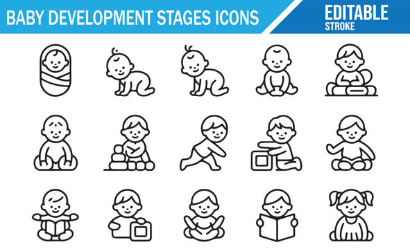 Collection of editable stroke icons showing baby growth and development progress