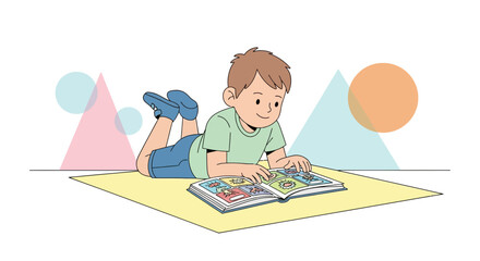 Young Boy Reading a Comic Book While Relaxing at Home on a Yellow Ground