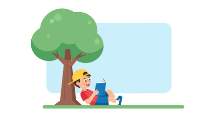 Young Boy Reading Book Relaxing Under Shade of Green Lush Tree Outdoors Happy Moments