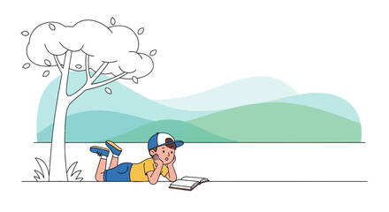 Young Boy Reading Under Tree: A Moment of Peaceful Contemplation in a Scenic Landscape