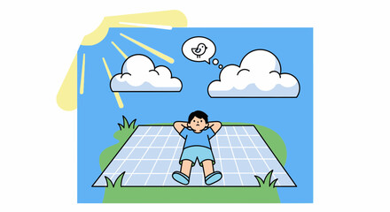 Young Boy Relaxing Outside Under Cloudy Sky Daydreaming About Birds