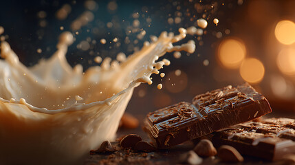 Splash of milk creates dynamic scene with chocolate pieces and nuts, set against warm, blurred background. image captures rich texture and indulgence of chocolate