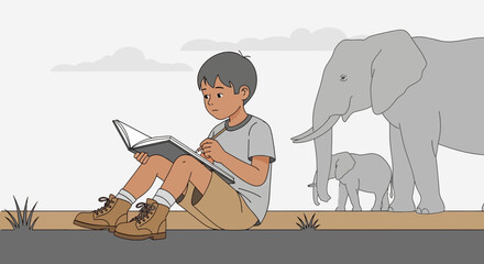 Young Boy Sketches Elephants In A Natural Environment Conceptual Illustration.