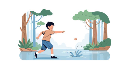 Young Boy Skips Stone Across Water, Enjoying Outdoor Activity in Scenic Riverside Landscape