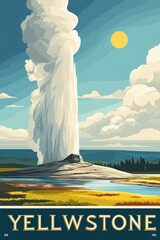 Vintage Yellowstone National Park Old Faithful Geyser Eruption Travel Poster