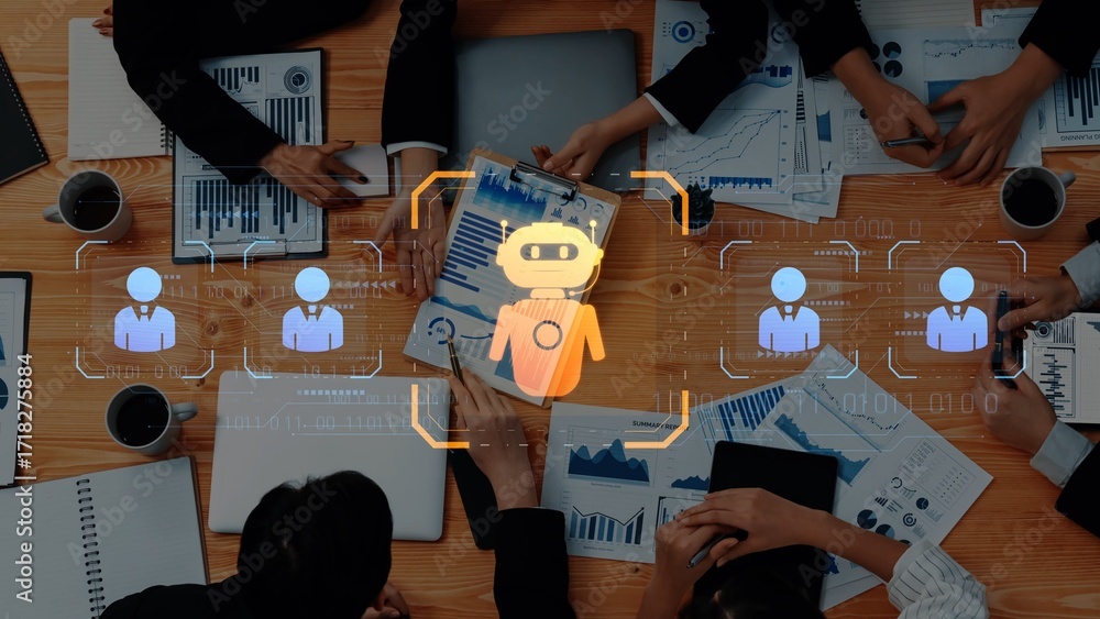 Poster diverse professionals collaborate in an office setting, utilizing digital tools and a robot assistan