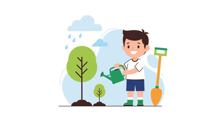 Young Boy Watering Plants in Garden with Shovel And a Smiling Expression