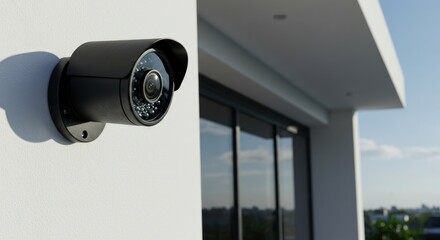 Security camera mounted on a white wall near a window with blue sky.