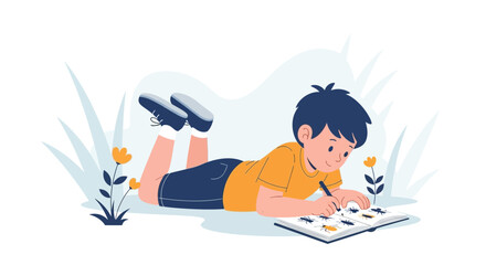 Obraz premium Young Enthusiast Illustrating Insects in a Field, Engaging in Nature Study Activities