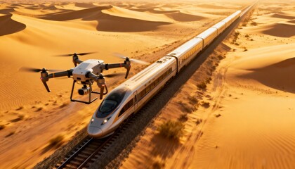 Aerial Expedition Autonomous Drone Captures High-Speed Train Traversing Golden Desert Dunes Blending Technology and Remote Landscape