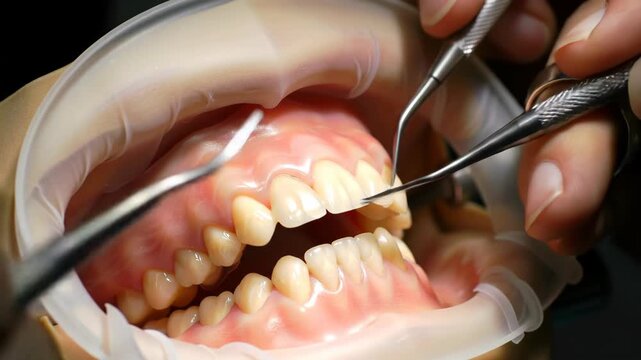 Close-up of dental procedure with dentist checking teeth for healthcare, oral hygiene.