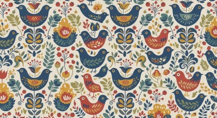 Charming folk art pattern with whimsical birds and flowers, perfect for adding a touch of rustic elegance to your design projects