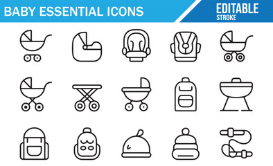 Baby care essentials outline icons for nursery, feeding, and early childhood design