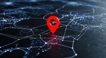 Red location pin on a digital map with network connections and glowing points.