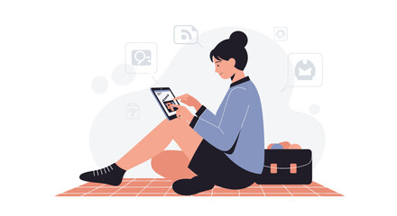 Woman Using Tablet, Remote Work, Freelance Life, Digital Nomad, Modern Technology Illustration