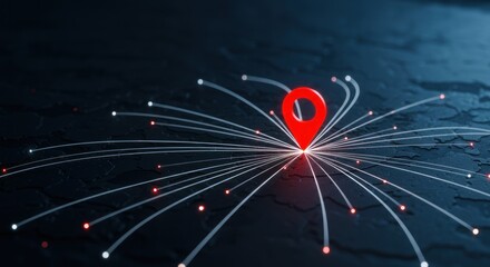 Red location pin with radiating lines on a dark blue abstract background.