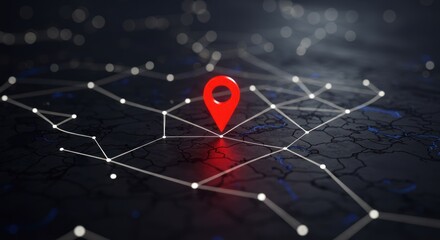 Red location pin on a network of interconnected lines on dark background.