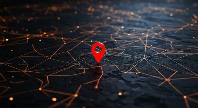 Red location pin on a dark network map with glowing connections. - Powered by Adobe