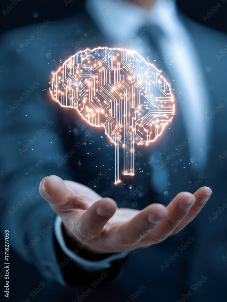Poster Businessman in suit holding a glowing digital brain hologram with circuit patterns symbolizing artificial intelligence and advanced technology innovation concept