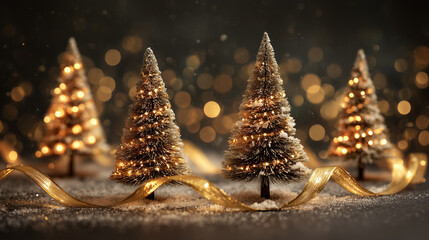 Mini Christmas Trees with Golden Lights and Bokeh Background