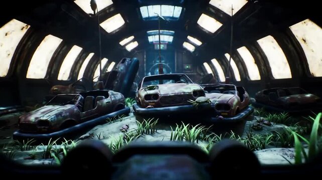 Apocalyptic scene with abandoned rusty cars and overgrown plants, dark futuristic tunnel with old vehicles, overgrown grass, and crabs crawling around the rusted metal.