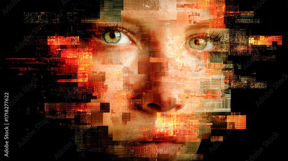 Poster digital transformation concept with a fragmented female face composed of glowing pixelated blocks sy