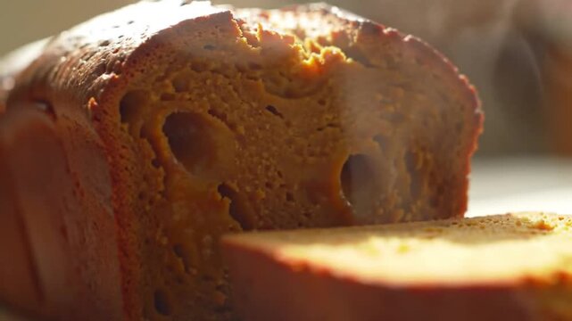 Freshly baked pumpkin bread sliced on a wooden board with soft natural lighting