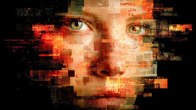 Digital transformation concept with a fragmented female face composed of glowing pixelated blocks symbolizing technology, data integration, and artificial intelligence ev