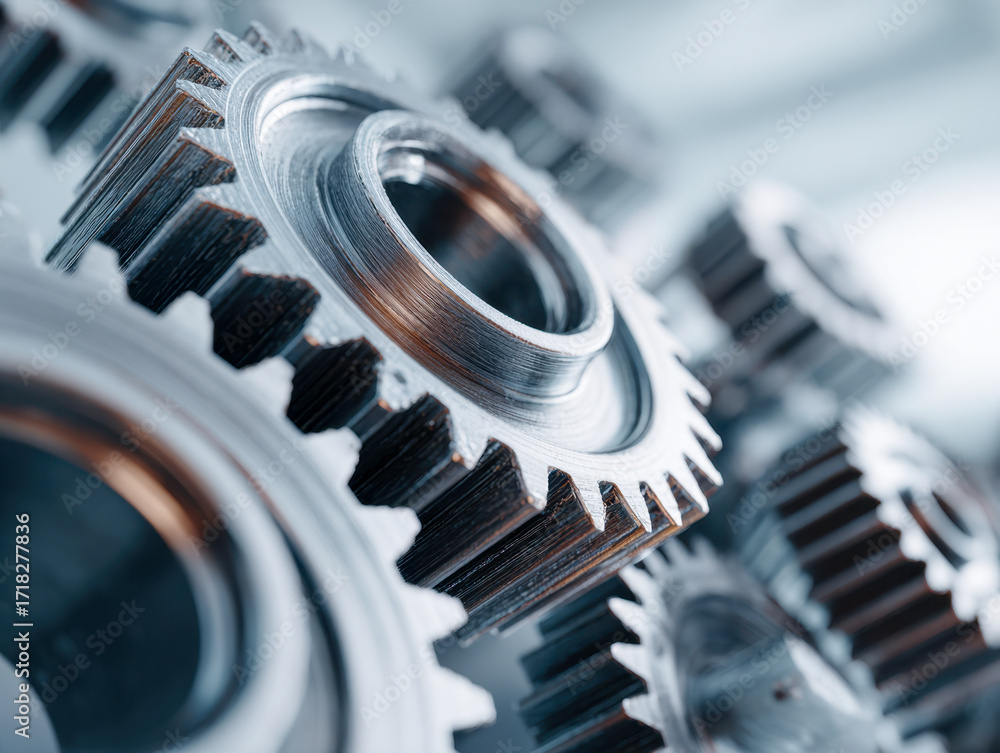 Poster Detailed metallic industrial gears interlocking and rotating in a close-up view representing machinery and mechanical engineering concepts in a modern setting