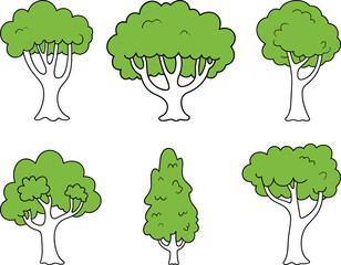 Cartoon tree set, green forest illustration, nature design, vector trees, landscape elements, garden plants, outdoor scenery, hand-drawn style, eco-friendly icon