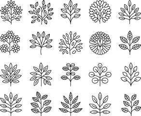 Floral line art set, black and white plant icons, nature outline design, botanical illustration, flower and leaf elements, vector floral pattern, minimalist nature sketch, decorative plants