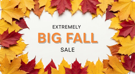 Autumn leaves frame white background, showcasing "Extremely Big Fall Sale" text, ideal for seasonal promotions, advertising, or fall-themed designs