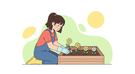 Young Gardener Carefully Planting Blooming Flowers In a Raised Garden Bed.