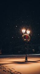 Cinematic Snowy Scene with Warm Glowing Light
