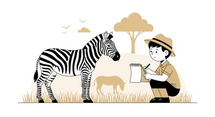 Young Artist Sketching A Zebra In A Natural Landscape, Illustrative Visual, Line Art