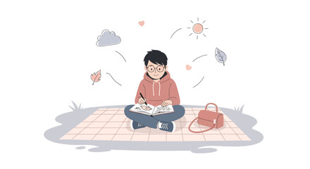 Young Artist Sketching Outdoors, Enjoying Nature's Ambiance And Peaceful Moments Illustrating