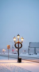 Cinematic Snowy Scene with Warm Glowing Light

