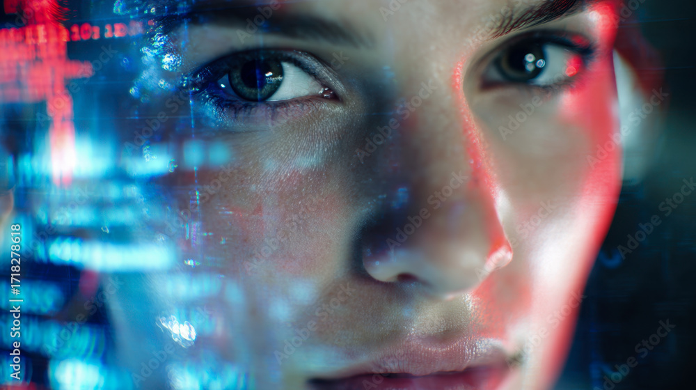 Poster Close-up of a woman's face reflecting colorful digital data and code, symbolizing futuristic technology, cybersecurity, and artificial intelligence concepts